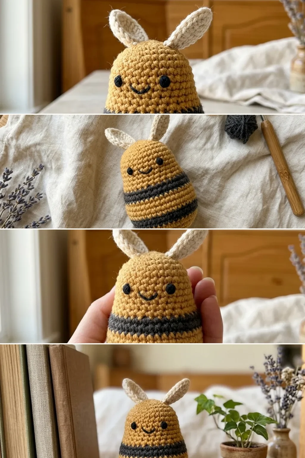Four views of a crochet amigurumi bumblebee