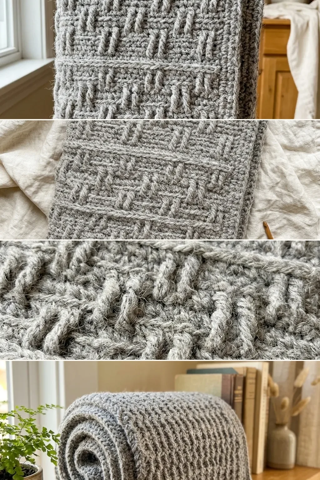 Four views of a crochet blanket worked in the alpine stitch
