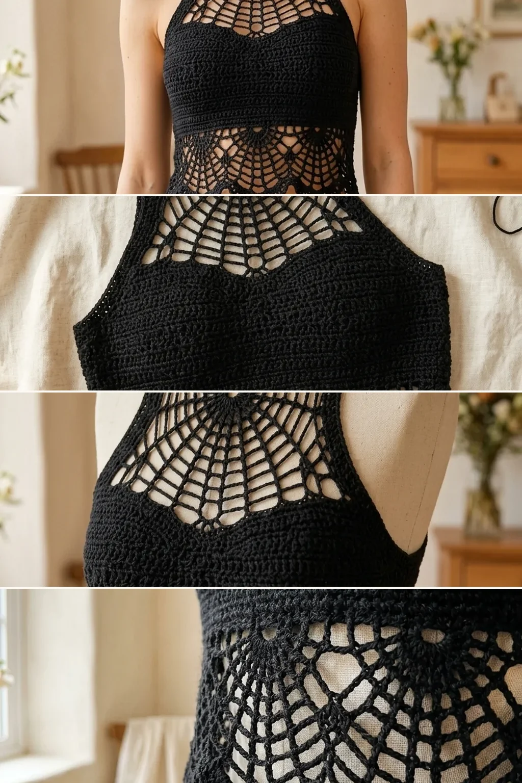 Four views of a black crochet spiderweb crop top