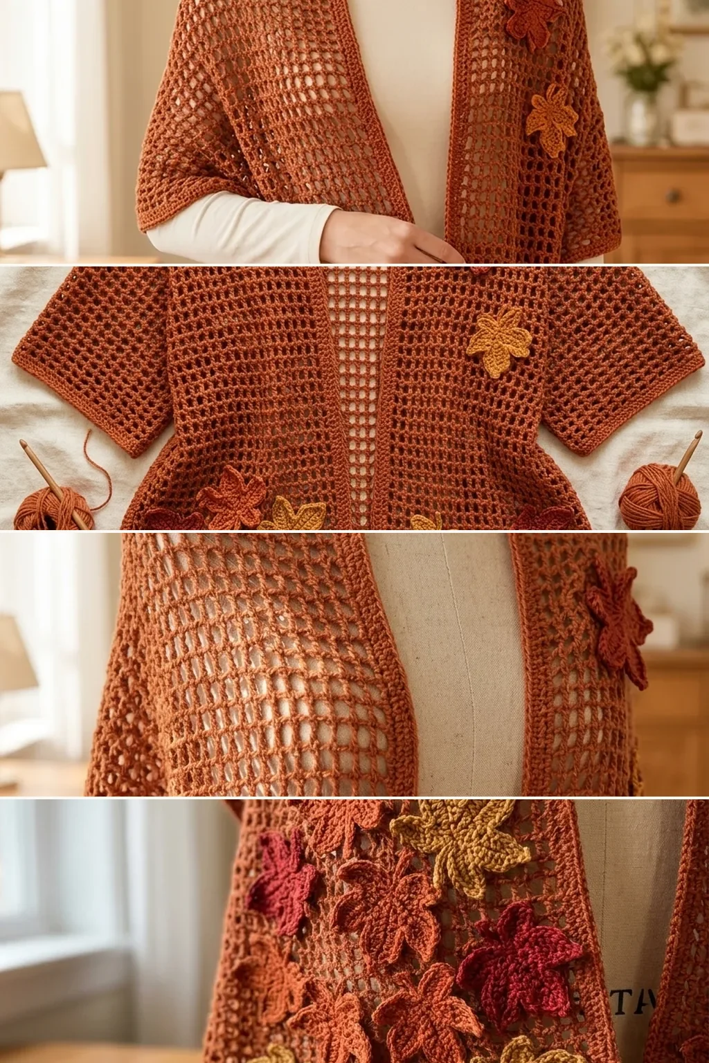 Four views of a rust crochet wrap with maple leaf appliques