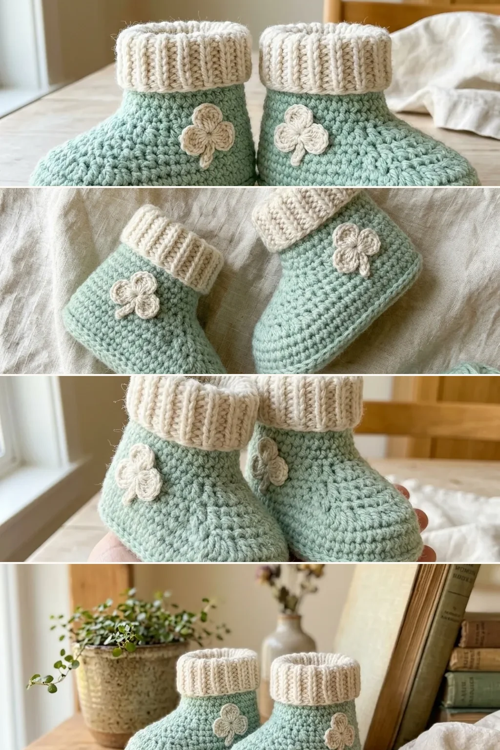 Four views of mint green crochet baby booties