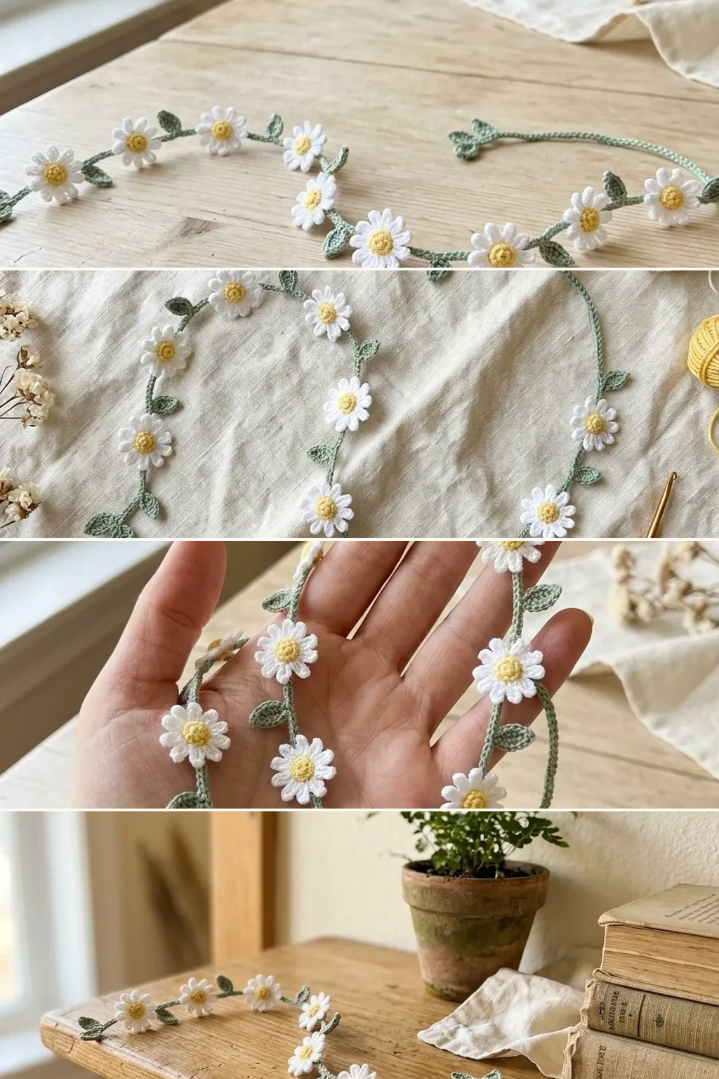 Four views of a crochet daisy hair vine
