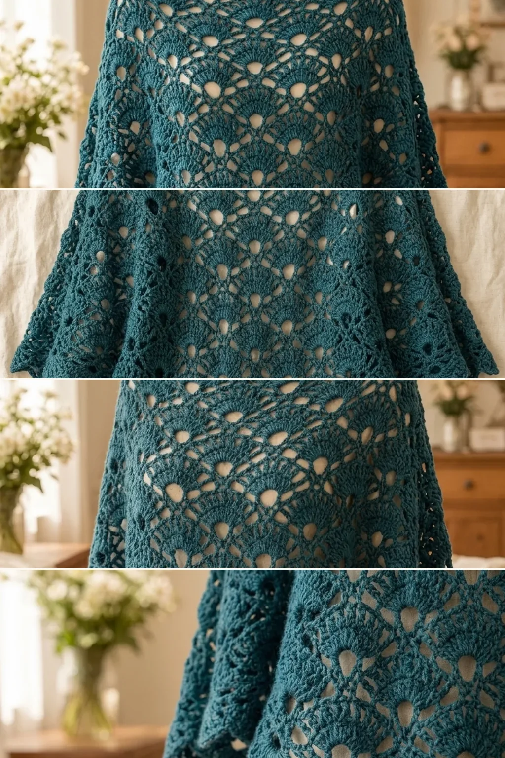 Four views of a teal crochet peacock fan poncho