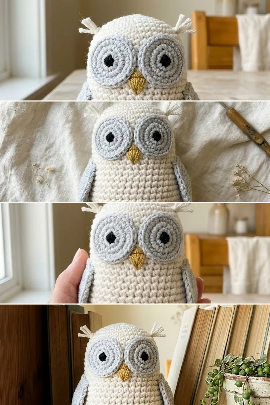Four views of a crochet amigurumi snow owl