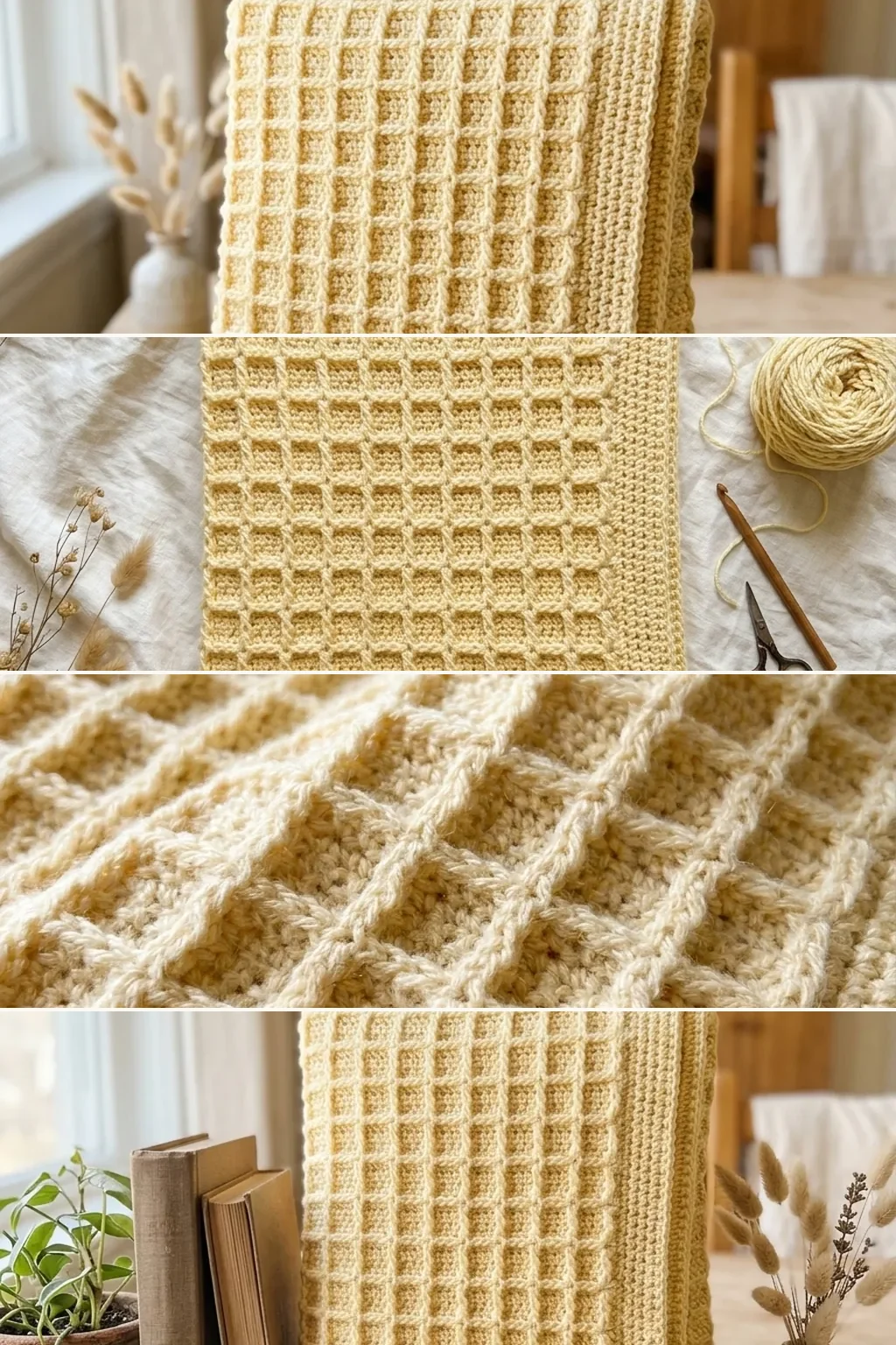 Four views of a buttercream crochet honeycomb baby blanket