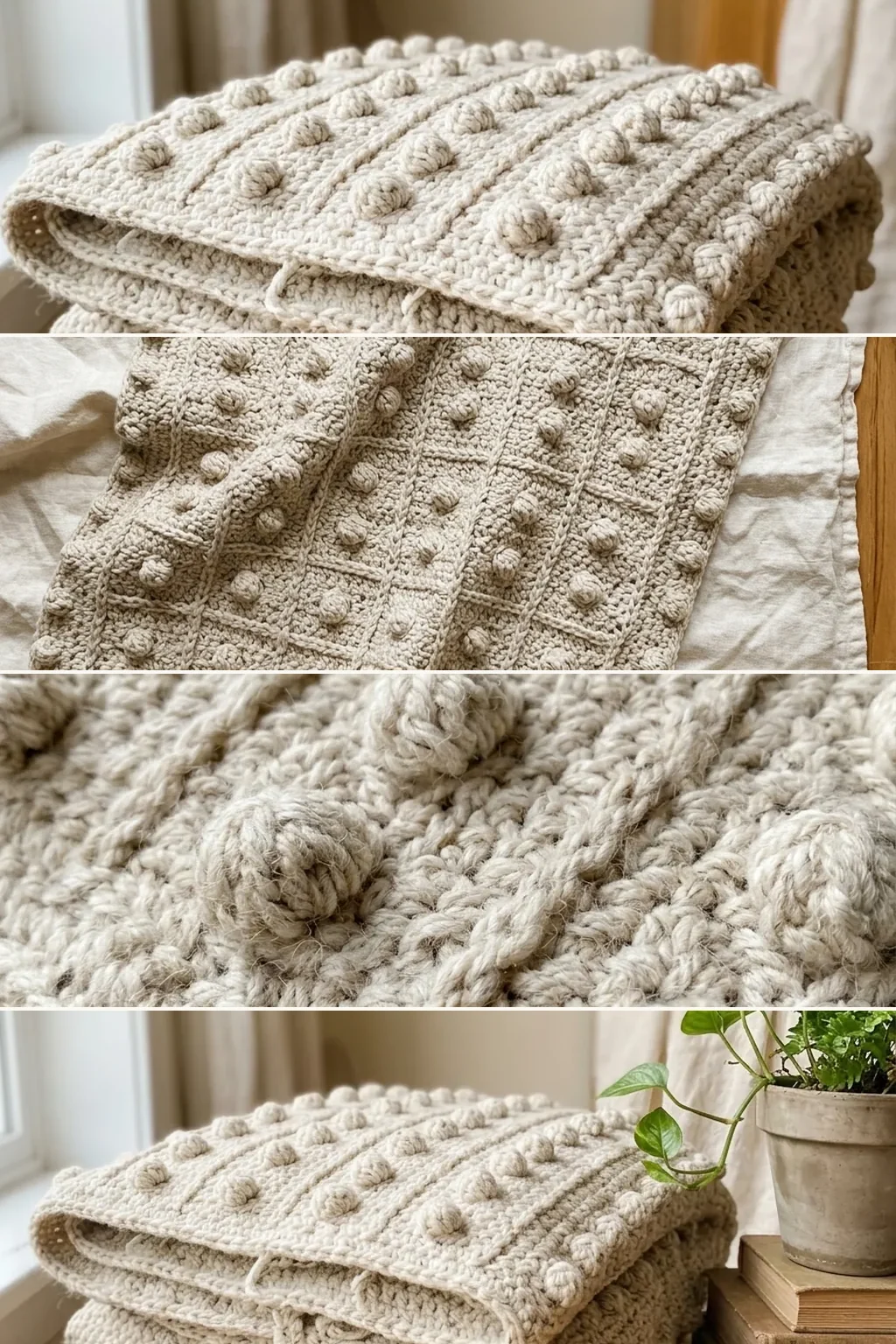 Four views of crochet bobble stitch texture in oatmeal yarn
