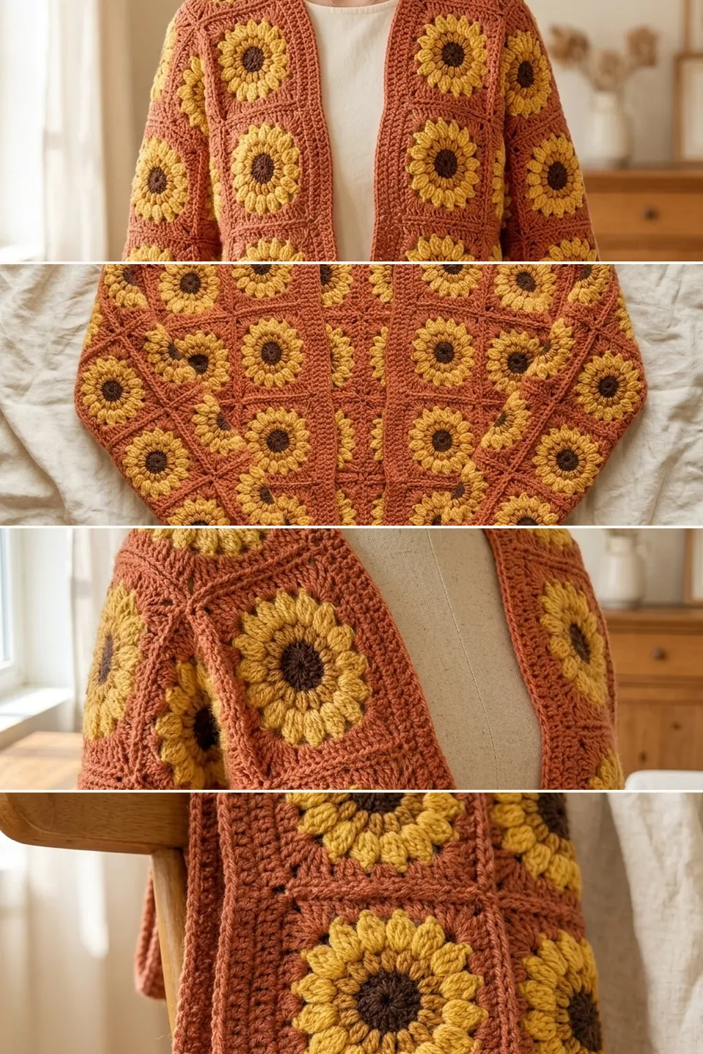 Four views of a terracotta sunflower granny square cardigan