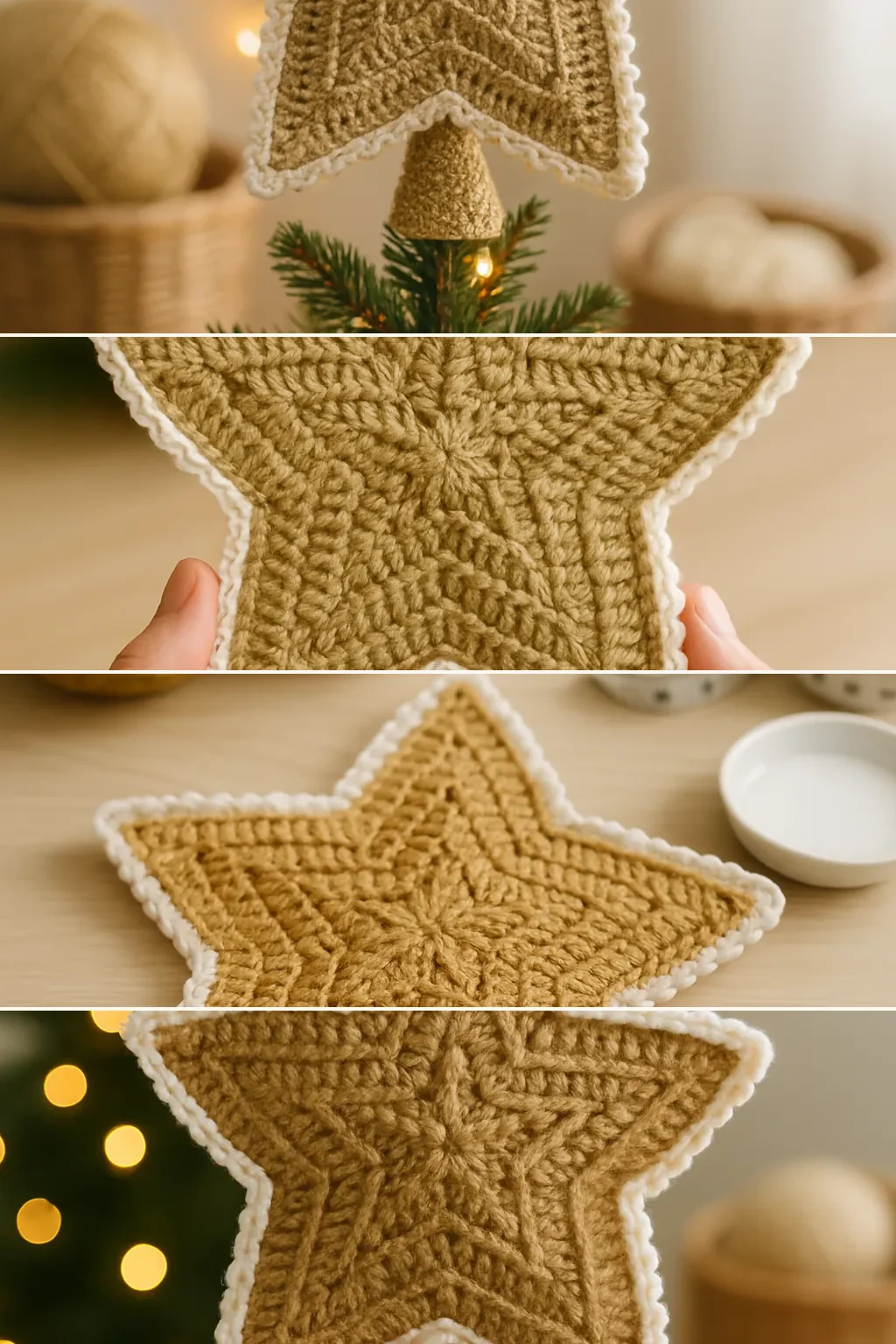 Four stages of making a crochet gold star tree topper