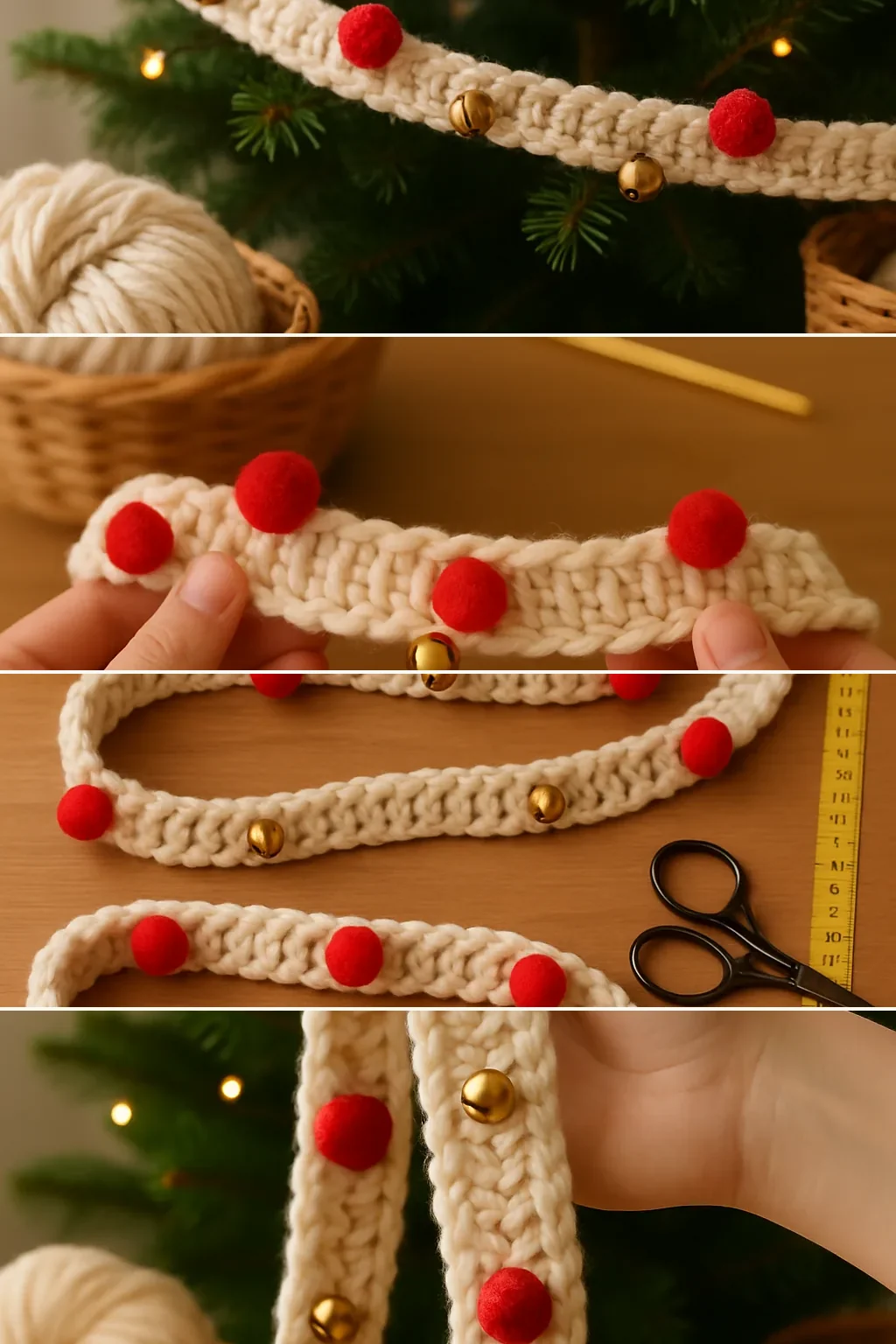 Four stages of making a crochet Christmas garland