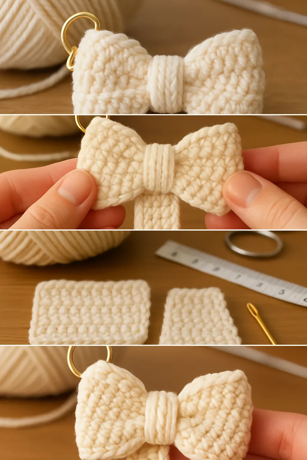 Four stages of making a crochet bow keychain