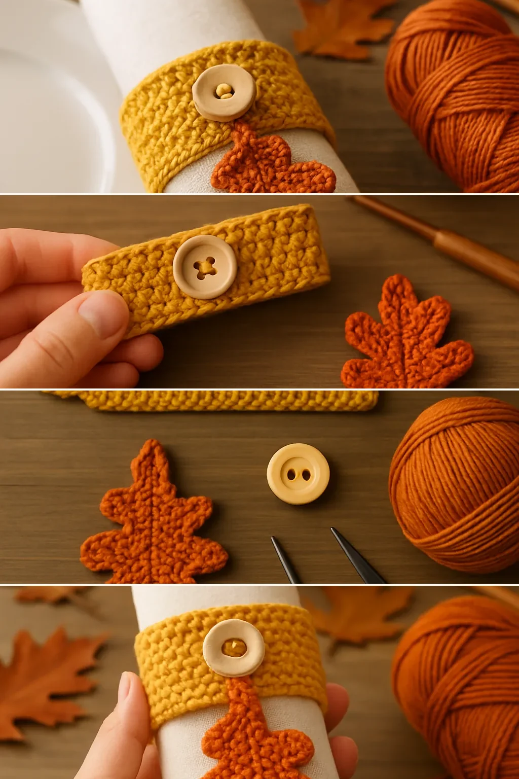 Four stages of making a crochet oak leaf napkin ring, from finished ring to separate band and leaf