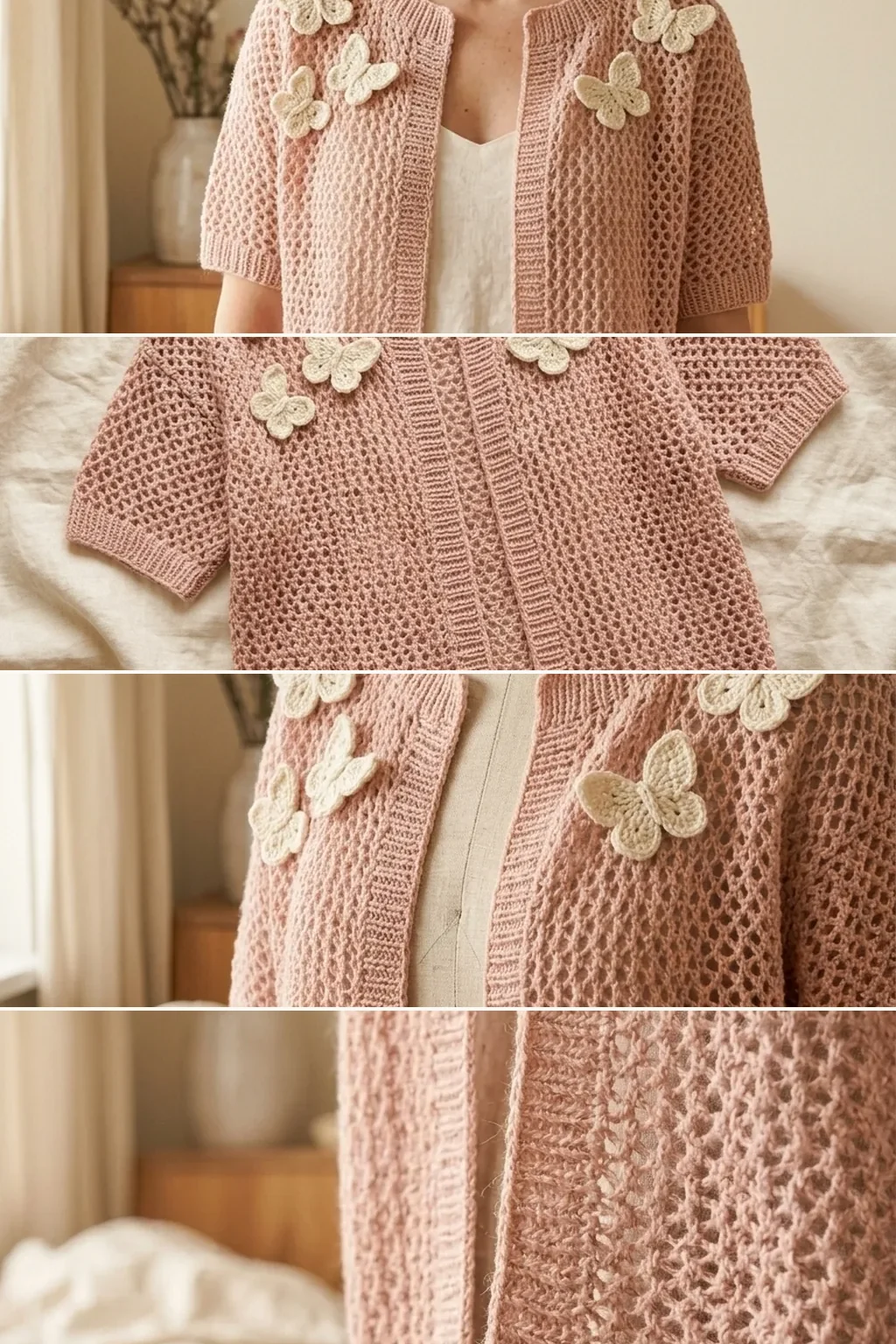 Four views of a blush crochet butterfly cardigan